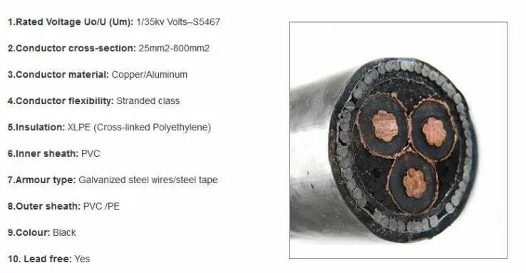 11kv Medium Voltage Single Core 300 Sq mm 630mm2 Copper Conductor XLPE Insulated Armoured Power Cable