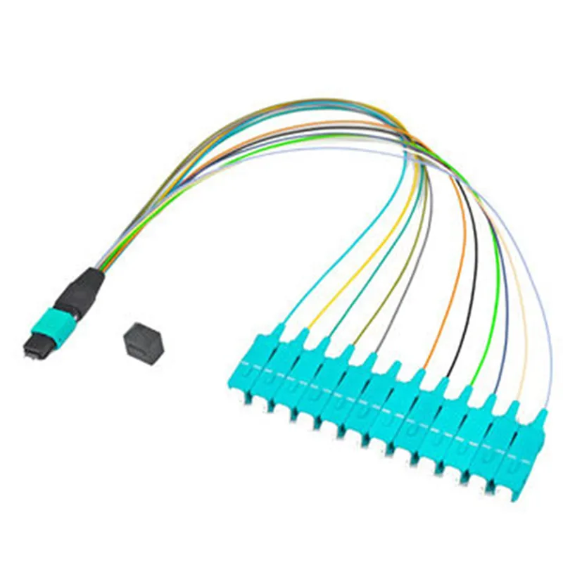 Breakout Cable MPO Female to Sc Om3 Aqua Type B 12 Fibers MPO Fiber Optic Patchcord Fiber Optic Patch Cord Cable