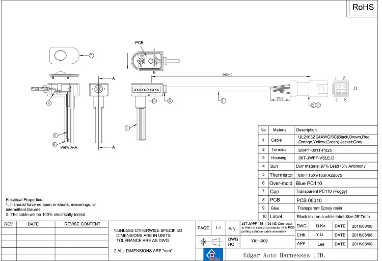 JST JWPF Waterproof Connector to thermo sensor Cable with PCB potting solution cable assembly