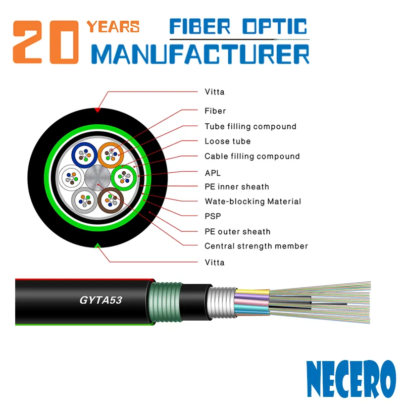 Outdoor Coaxial Single Mode Direct Burial Fiber Optic Cable 24 32 36 48 Core GYTA53 by 20 Years Factory Necero